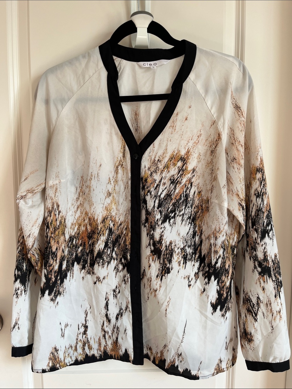cleo White Blouse with Black Trim and Brown Brushstroke Print